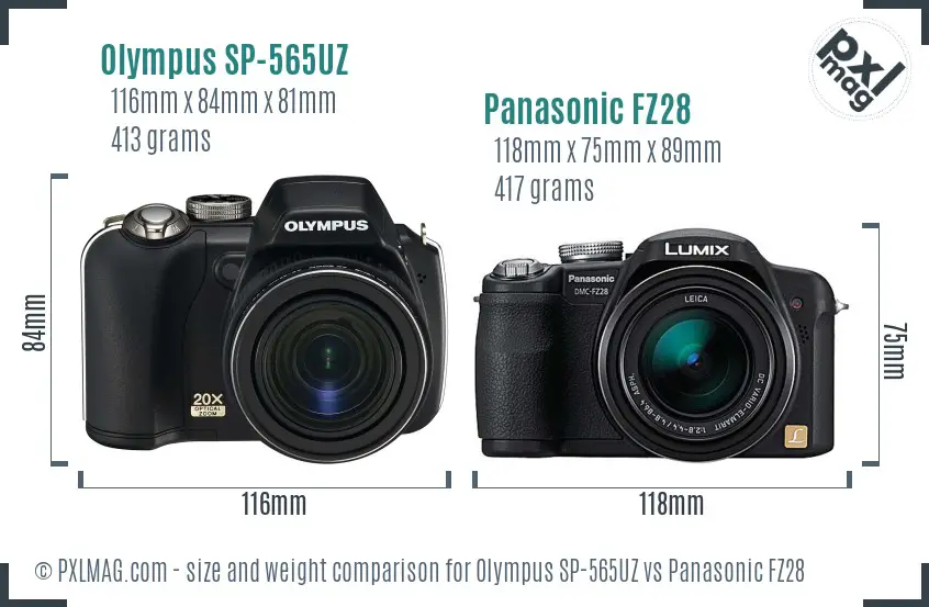 Olympus SP-565UZ vs Panasonic FZ28 size comparison