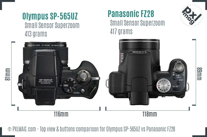 Olympus SP-565UZ vs Panasonic FZ28 top view buttons comparison