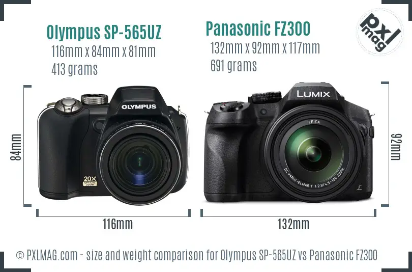 Olympus SP-565UZ vs Panasonic FZ300 size comparison