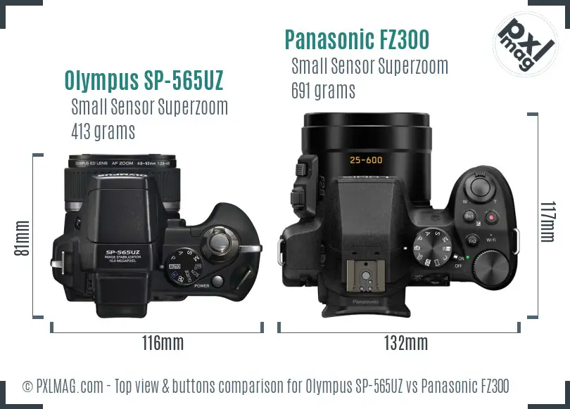 Olympus SP-565UZ vs Panasonic FZ300 top view buttons comparison