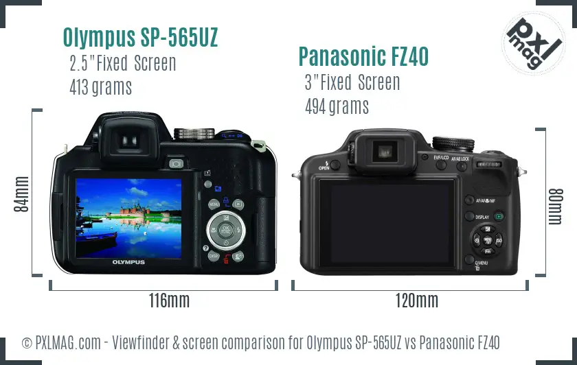 Olympus SP-565UZ vs Panasonic FZ40 Screen and Viewfinder comparison