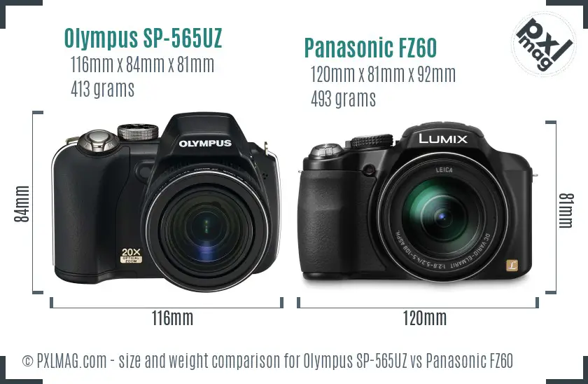 Olympus SP-565UZ vs Panasonic FZ60 size comparison
