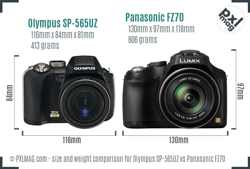 Olympus SP-565UZ vs Panasonic FZ70 size comparison