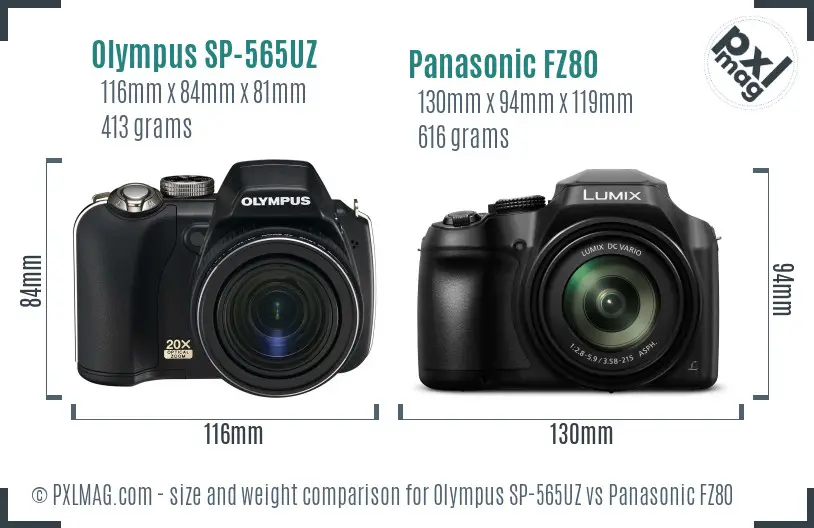 Olympus SP-565UZ vs Panasonic FZ80 size comparison