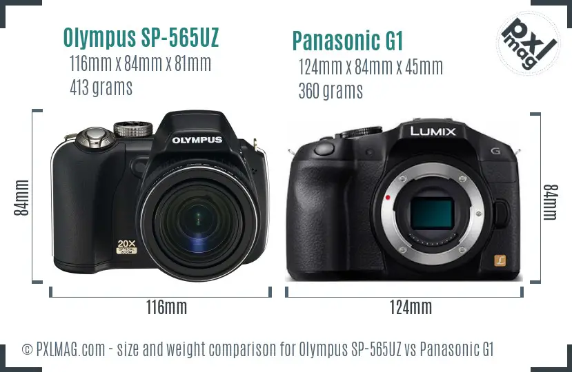 Olympus SP-565UZ vs Panasonic G1 size comparison