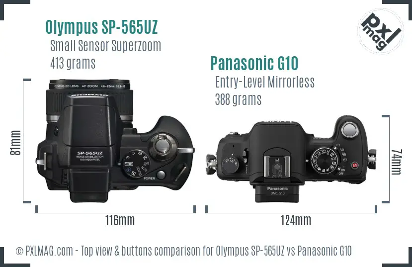 Olympus SP-565UZ vs Panasonic G10 top view buttons comparison