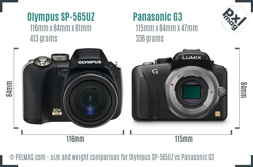 Olympus SP-565UZ vs Panasonic G3 size comparison