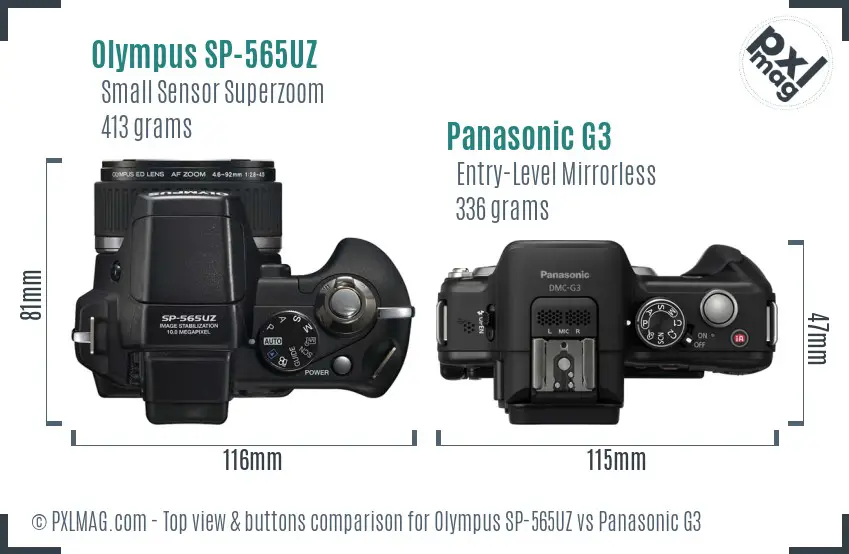 Olympus SP-565UZ vs Panasonic G3 top view buttons comparison