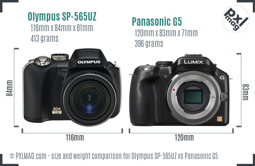 Olympus SP-565UZ vs Panasonic G5 size comparison