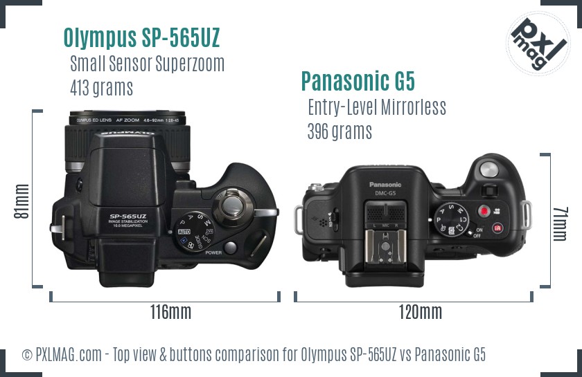 Olympus SP-565UZ vs Panasonic G5 top view buttons comparison