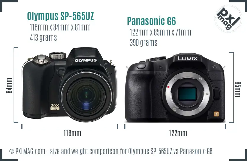 Olympus SP-565UZ vs Panasonic G6 size comparison
