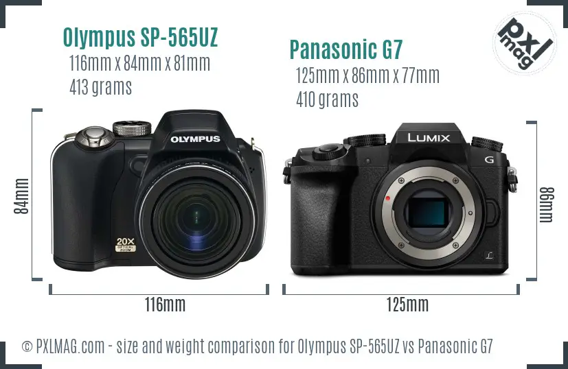 Olympus SP-565UZ vs Panasonic G7 size comparison