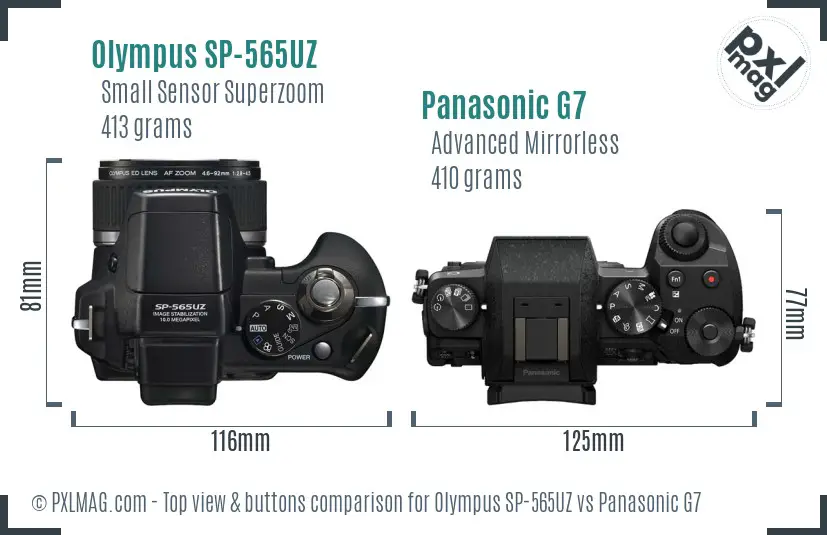 Olympus SP-565UZ vs Panasonic G7 top view buttons comparison