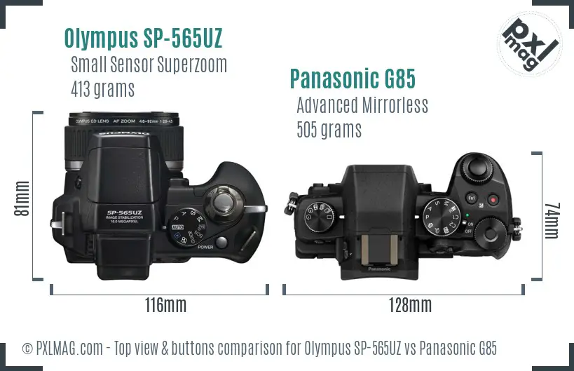 Olympus SP-565UZ vs Panasonic G85 top view buttons comparison