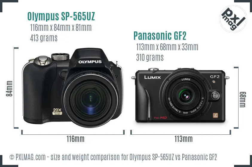 Olympus SP-565UZ vs Panasonic GF2 size comparison