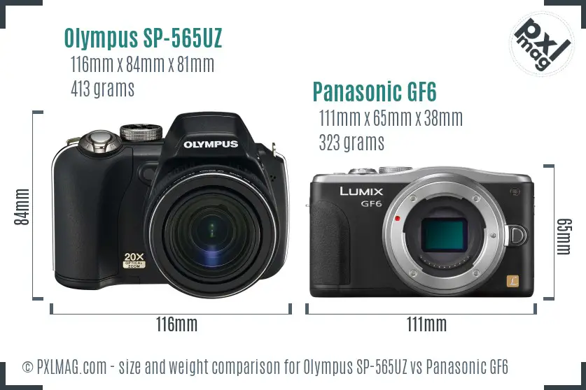 Olympus SP-565UZ vs Panasonic GF6 size comparison