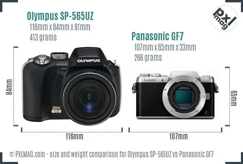 Olympus SP-565UZ vs Panasonic GF7 size comparison