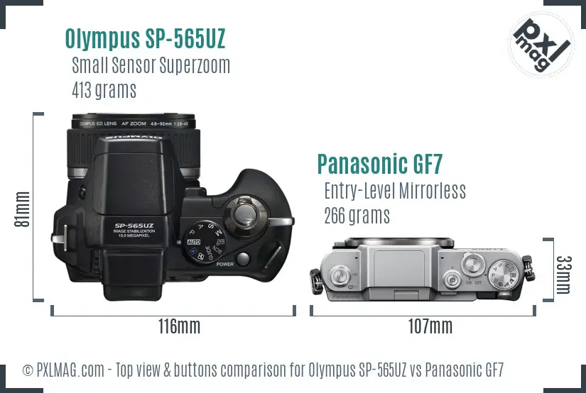 Olympus SP-565UZ vs Panasonic GF7 top view buttons comparison