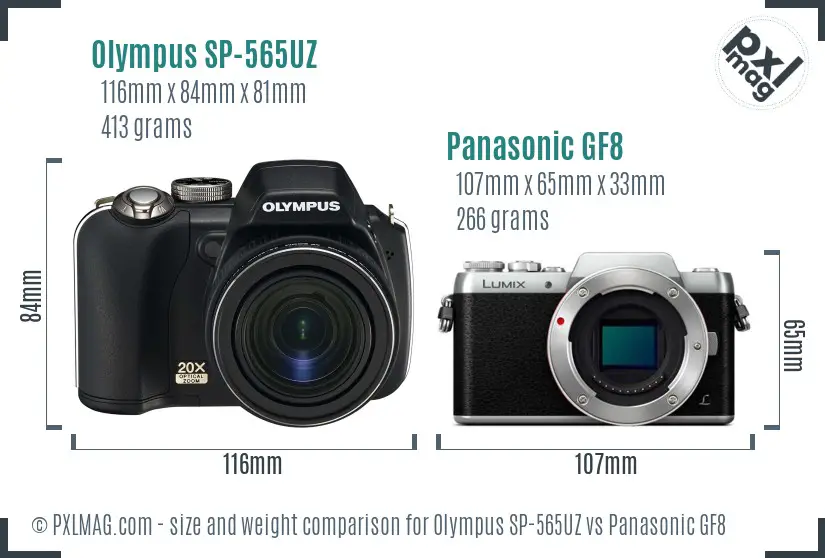 Olympus SP-565UZ vs Panasonic GF8 size comparison