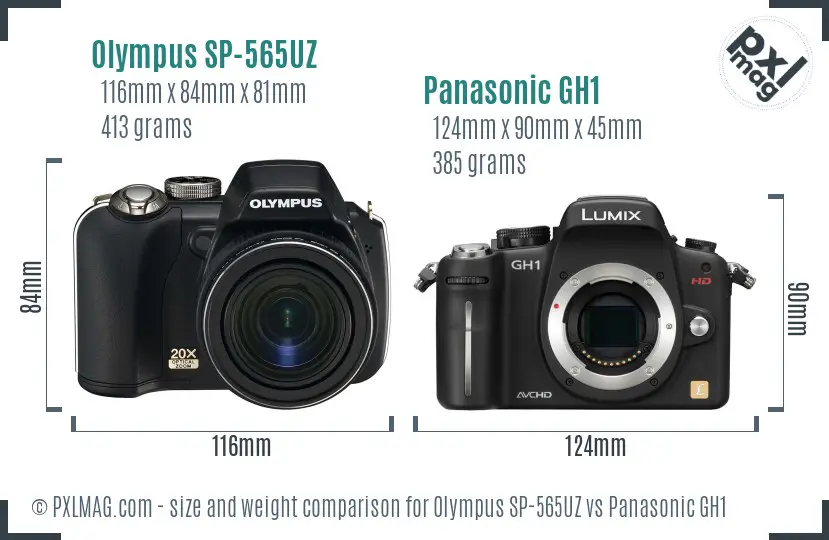 Olympus SP-565UZ vs Panasonic GH1 size comparison