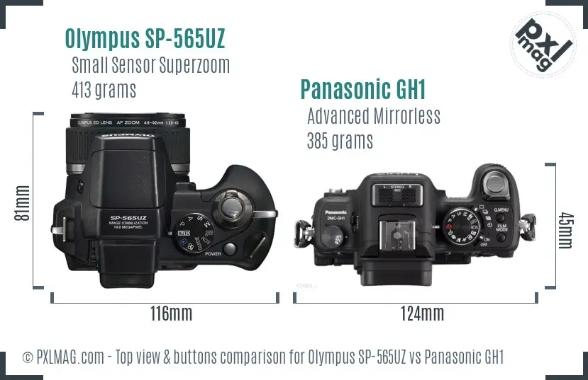 Olympus SP-565UZ vs Panasonic GH1 top view buttons comparison