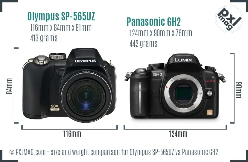 Olympus SP-565UZ vs Panasonic GH2 size comparison