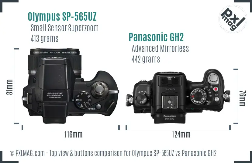 Olympus SP-565UZ vs Panasonic GH2 top view buttons comparison