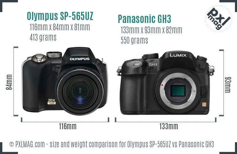 Olympus SP-565UZ vs Panasonic GH3 size comparison