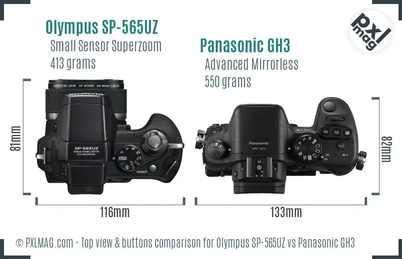 Olympus SP-565UZ vs Panasonic GH3 top view buttons comparison