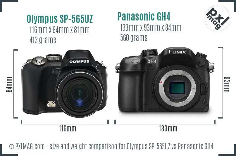 Olympus SP-565UZ vs Panasonic GH4 size comparison