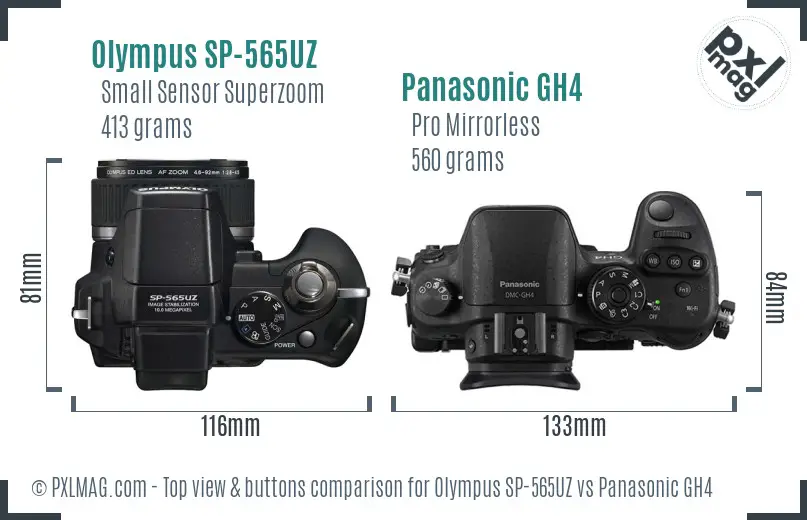 Olympus SP-565UZ vs Panasonic GH4 top view buttons comparison