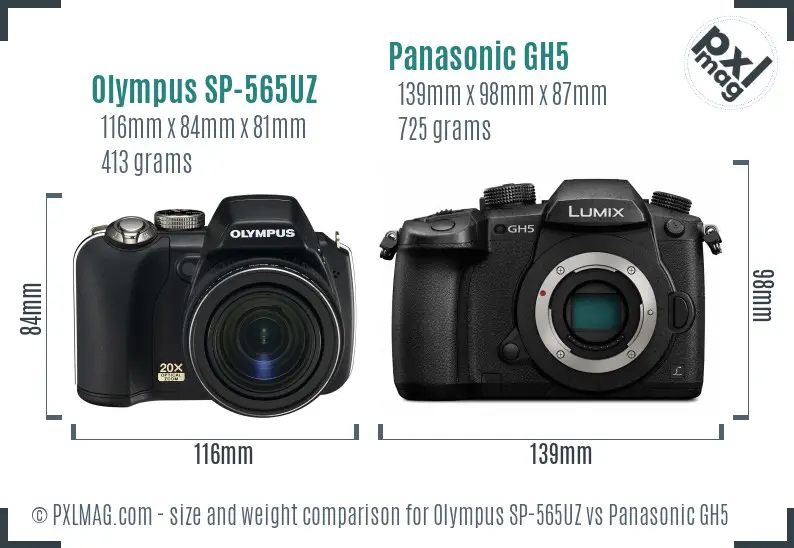 Olympus SP-565UZ vs Panasonic GH5 size comparison