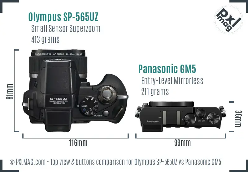 Olympus SP-565UZ vs Panasonic GM5 top view buttons comparison