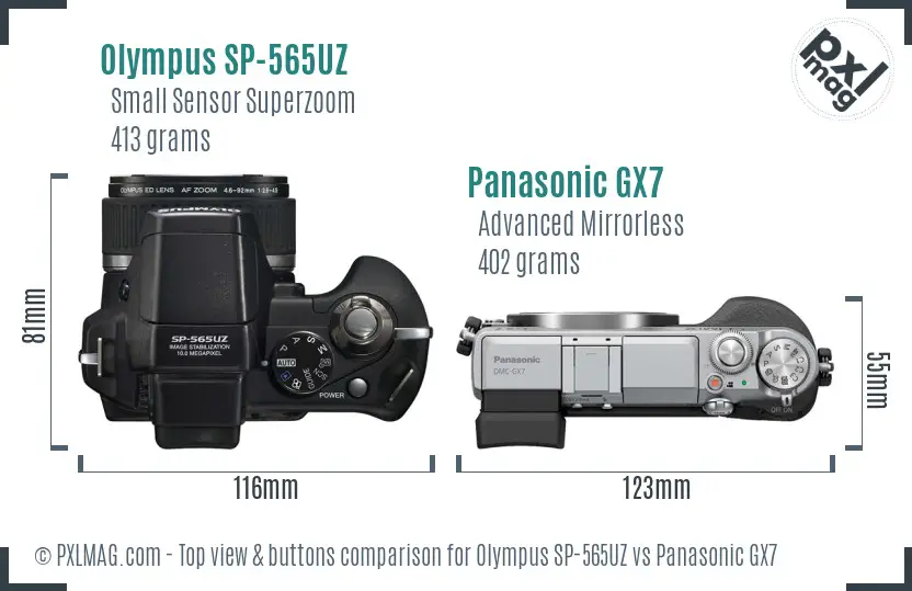 Olympus SP-565UZ vs Panasonic GX7 top view buttons comparison