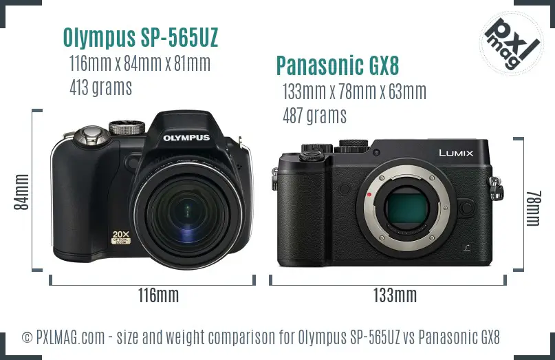 Olympus SP-565UZ vs Panasonic GX8 size comparison