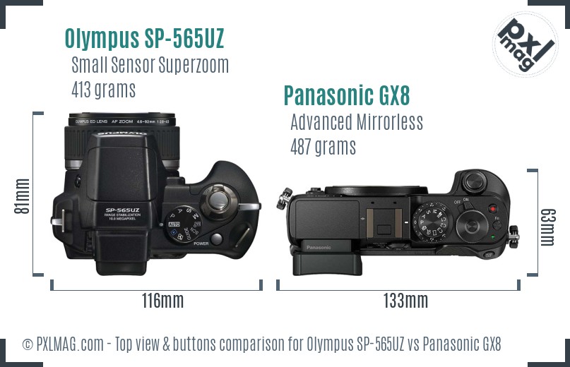 Olympus SP-565UZ vs Panasonic GX8 top view buttons comparison