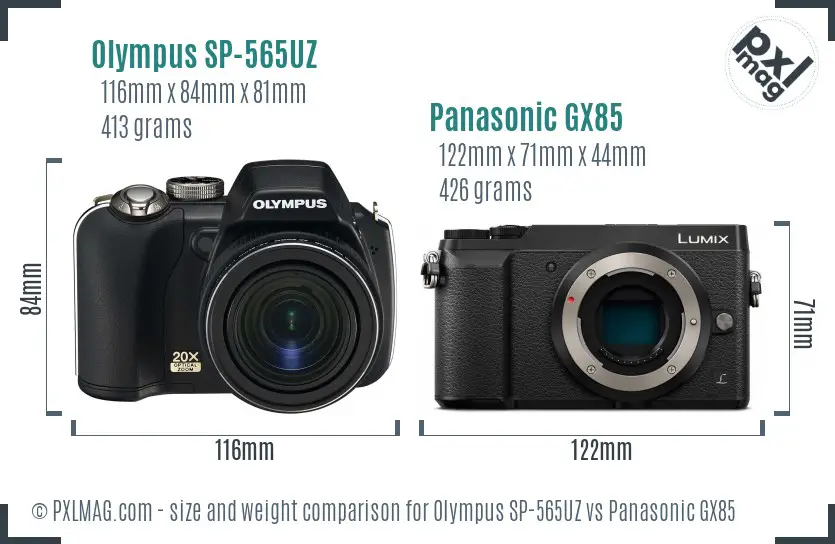 Olympus SP-565UZ vs Panasonic GX85 size comparison