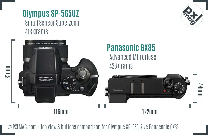 Olympus SP-565UZ vs Panasonic GX85 top view buttons comparison