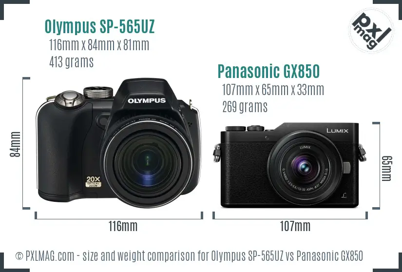 Olympus SP-565UZ vs Panasonic GX850 size comparison