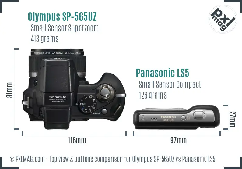 Olympus SP-565UZ vs Panasonic LS5 top view buttons comparison