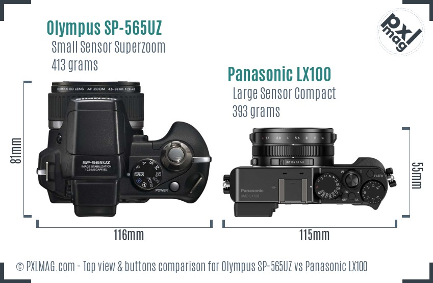 Olympus SP-565UZ vs Panasonic LX100 top view buttons comparison