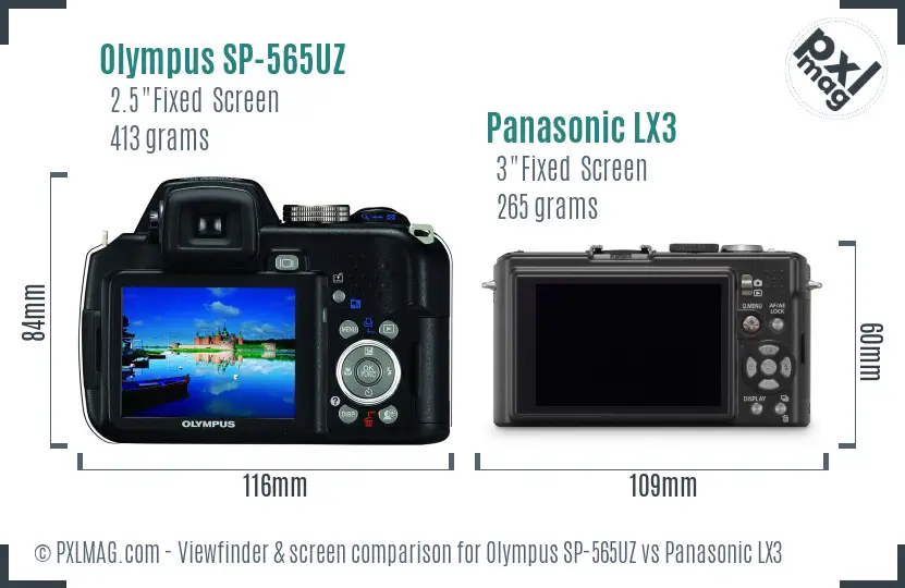 Olympus SP-565UZ vs Panasonic LX3 Screen and Viewfinder comparison