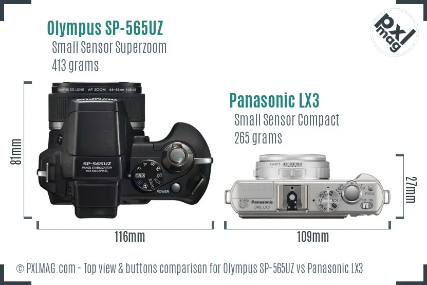 Olympus SP-565UZ vs Panasonic LX3 top view buttons comparison