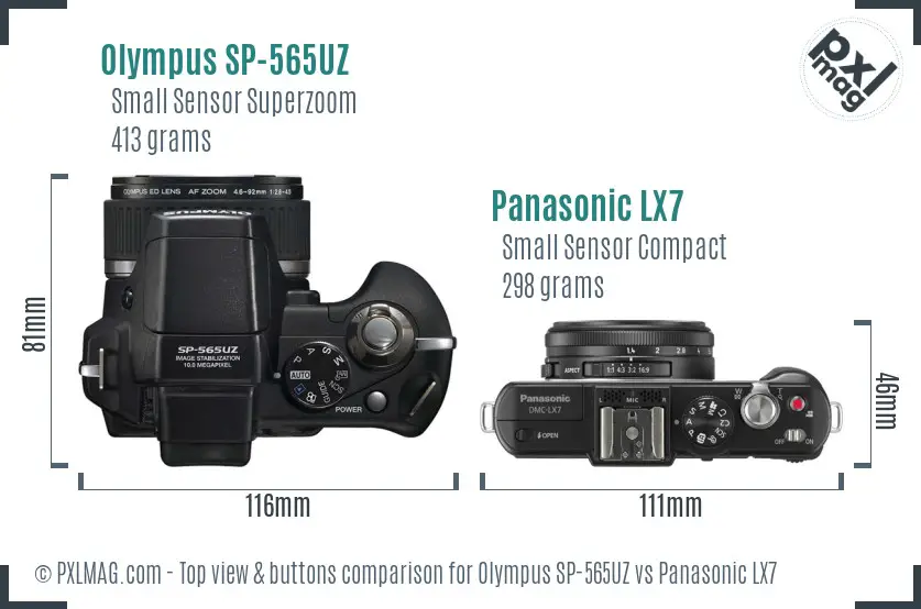 Olympus SP-565UZ vs Panasonic LX7 top view buttons comparison