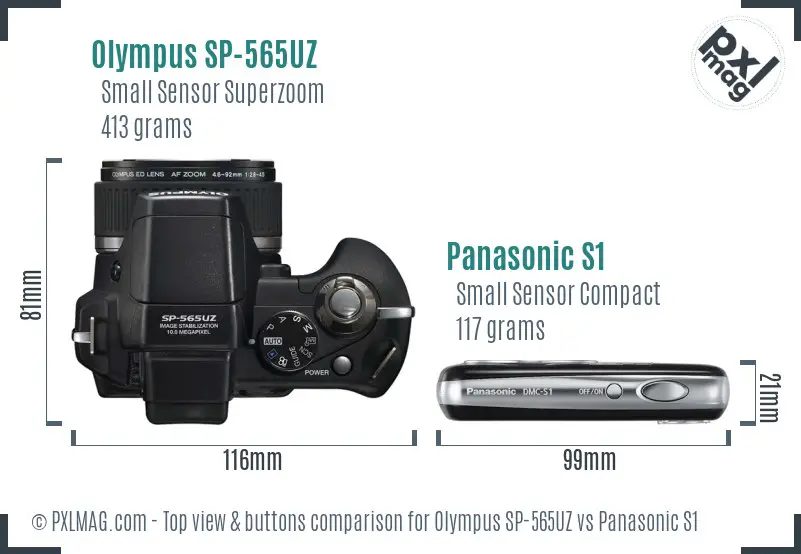 Olympus SP-565UZ vs Panasonic S1 top view buttons comparison