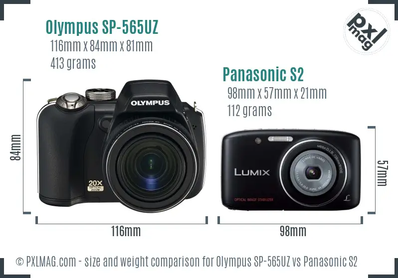 Olympus SP-565UZ vs Panasonic S2 size comparison