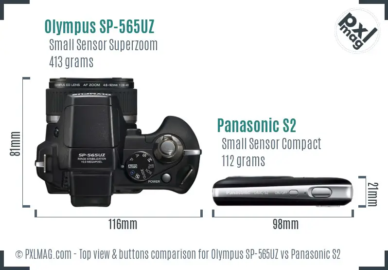 Olympus SP-565UZ vs Panasonic S2 top view buttons comparison
