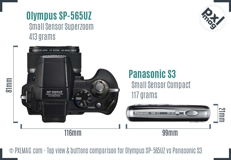 Olympus SP-565UZ vs Panasonic S3 top view buttons comparison