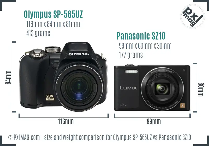 Olympus SP-565UZ vs Panasonic SZ10 size comparison
