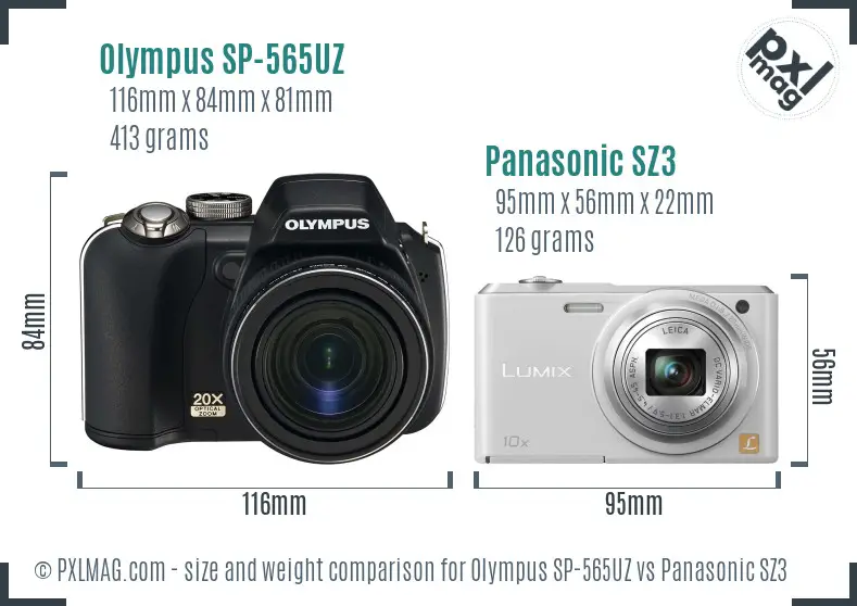 Olympus SP-565UZ vs Panasonic SZ3 size comparison
